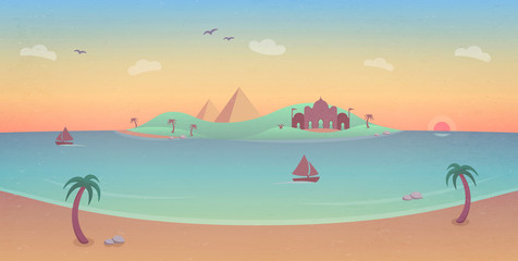 Fototapeta na wymiar Tropical Paradise with Sunset & Pyramids - illustration with a tropical island, palm trees, beach and boats sailing on the calm ocean.