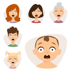 Vector set beautiful emoticons face of people fear shock surprise avatars characters illustration