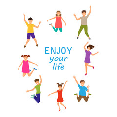 Enjoy Your Life, Happy Children Jumping Isolated on White Background