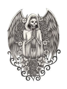 Art  angel skull .Hand pencil drawing on paper.