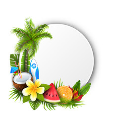Fototapeta na wymiar Card with Coconut Cocktail, Slice Watermelon, Orange Fruit and Flowers