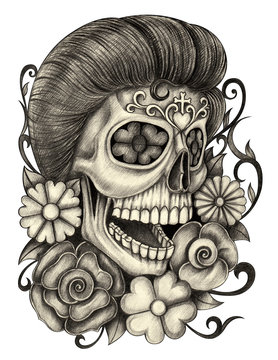 Art skull day of the dead.Hand pencil drawing on paper.