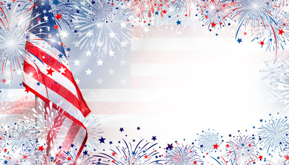 USA flag with fireworks background for 4 july independence day - obrazy, fototapety, plakaty