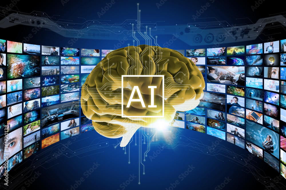 Poster AI (Artificial Intelligence) concept. 3D rendering virtual brain and visualized memories. Cloud computing. Big data. futuristic abstract. 