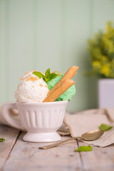 Vanilla and mint ice cream in cup