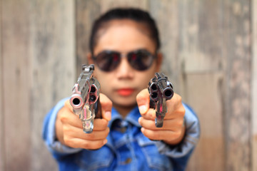 The woman at the shooting range shot from a revolvers