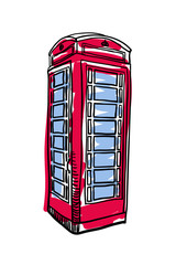 London red phone booth hand drawn isolated icon. English culture element, patriotic vector illustration.