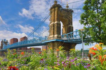 The John A. Roebling Bridge was built in 1866 to connect Covington Kentucky to Cincinnati , Ohio.  It spans the Ohio River. - obrazy, fototapety, plakaty