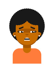 Sad facial expression of black girl avatar. Young african woman face, people emoticon icon, emoji vector illustrations isolated on white background.