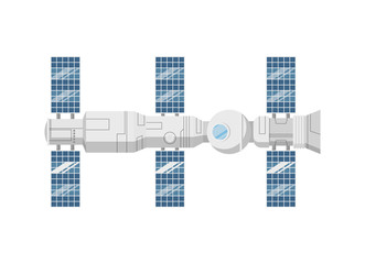 Naklejka premium Modern orbital space station isolated icon. Astronautics and space technology object, spacecraft vector illustration in flat design.