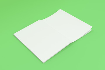 Mockup of blank white open brochure lying with cover upside on green background