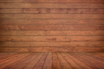 Wooden wall and floor in perspective view, grunge background. vintage tone
