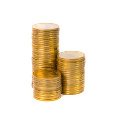 Columns of gold coins, piles of coins on white background