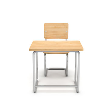 3d rendering of a school desk and chair both are made of iron and light wood isolated on white background.