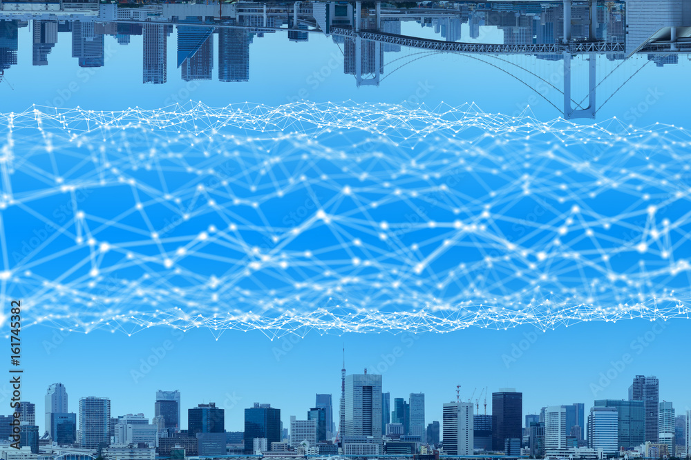 Poster smart city and communication network concept. Internet of Things. Sensor Network. Wireless communication network. Futuristic abstract.