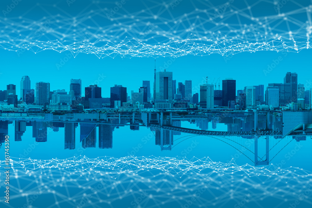 Leinwandbilder smart city and communication network concept. Internet of Things. Sensor Network. Wireless communication network. Futuristic abstract.