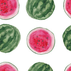 Watercolor seamless pattern with watermelons slices on white background. Hand painting on paper