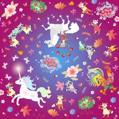 Beautiful print for fabric with cute animals - monkey, horse, unicorn, raccoons, foxes, kittens and rooster on bright botanical background. Seamless vector pattern for baby. Harvest festival.