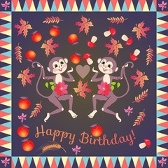 Cute cheerful monkeys, juggling with apples and mushrooms. Greeting card Happy birthday! Vector template. Wrapping design.