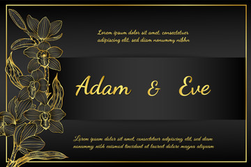 Cymbidium orchids card by hand drawing.Orchids vector card on black background