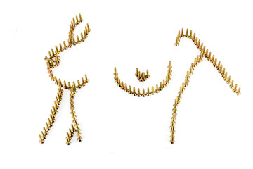 naked female bust drawing with yellow avarage galvanized screws isolated on white background