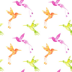 seamless pattern with watercolor hummingbird silhouettes