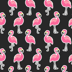 Beautiful seamless pattern with flamingo stickers on black background