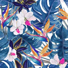 Tapeten Aquarell nahtlose tropisches Muster mit exotischen Pflanzen. Palm- und Deliciosa-Blätter. Orchideen- und Paradiesvogelblumen © ramiia