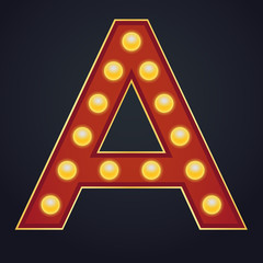 Letter A alphabet sign marquee light bulb vintage carnival or circus style ,Vector illustration
