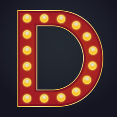 Letter D alphabet sign marquee light bulb vintage carnival or circus style ,Vector illustration