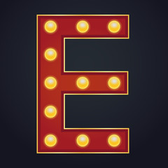 Letter E alphabet sign marquee light bulb vintage carnival or circus style ,Vector illustration