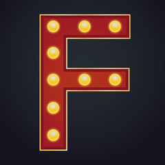 Letter F alphabet sign marquee light bulb vintage carnival or circus style ,Vector illustration