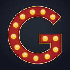 Letter G alphabet sign marquee light bulb vintage carnival or circus style ,Vector illustration