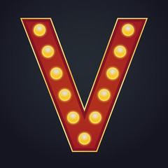 Letter V alphabet sign marquee light bulb vintage carnival or circus style ,Vector illustration