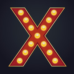 Letter X alphabet sign marquee light bulb vintage carnival or circus style ,Vector illustration