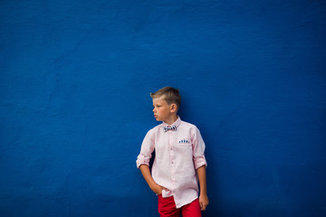 stylish boy in a pink shirt with a bow tie posing on blue background