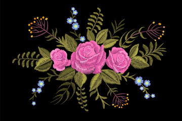 Rose flower embroidery texture patch. Red field flower herb textile print neckline traditional decoration ornate vector illustration on black background