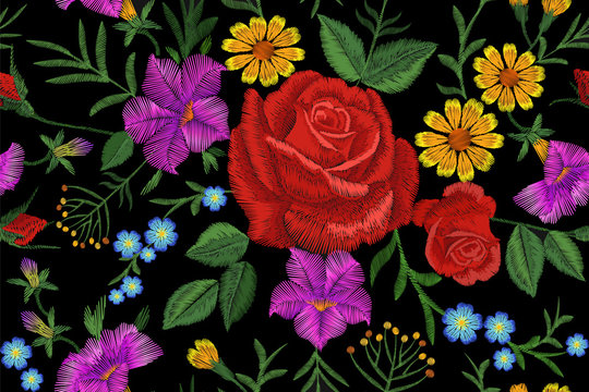 Rose flower embroidery texture seamless pattern. Red field flower herb textile print neckline traditional decoration ornate vector illustration on black background