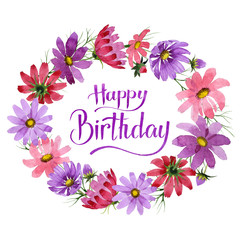 Wildflower kosmeya flower frame in a watercolor style isolated.