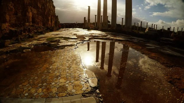Reflections in Water of Columns of Roman Agora and Sky With Clouds Antique Town Salamis