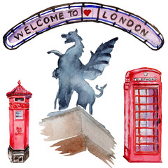 Naklejka na ściany i meble Watercolor London illustration. Great Britain hand drawn symbols.