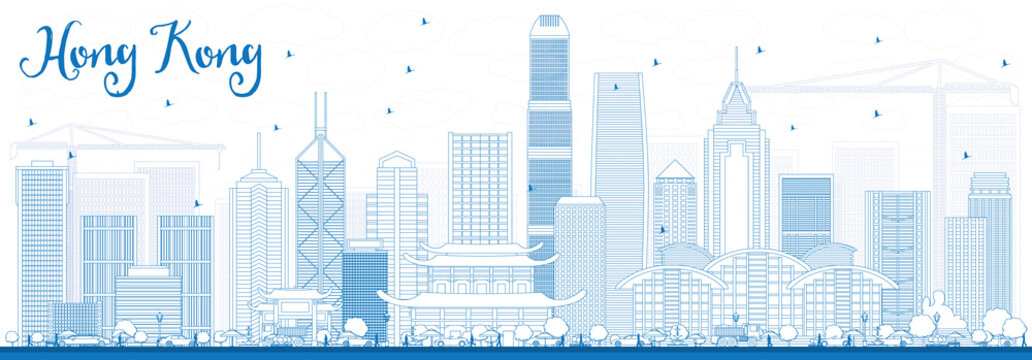 Outline Hong Kong Skyline With Blue Buildings.