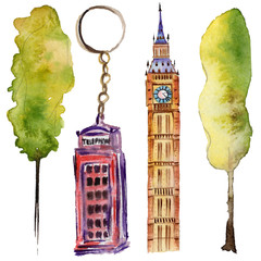 Fototapeta na wymiar Watercolor London illustration. Great Britain hand drawn symbols. Big Ben.