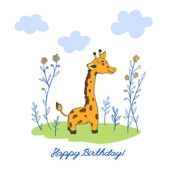 Cute cartoon giraffe on grass along flowers, clouds on white background, vector illustration, Character design for greeting card, children invite, baby shower, creation of alphabet, decorative frame
