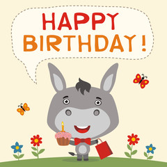 Happy birthday! Funny donkey with birthday cake and gift. Birthday card with donkey in cartoon style.