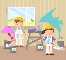 .Vector picture in the style of flat, cartoon. Painters paint the room, pick up the color.