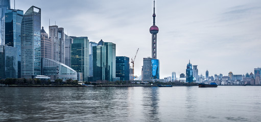 landmarks of Shanghai along Huangpu river in China.