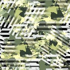 Seamless pattern camouflage design. Striped background with camo elements and watercolor effect. Textile print for bed linen, jacket, package design, fabric and fashion concepts.