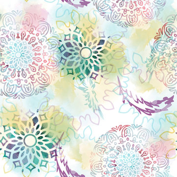 Seamless pattern with mandalas and feathers. Mystic background with watercolor effect. Textile print for bed linen, jacket, package design, fabric and fashion concepts