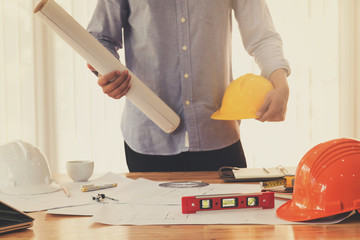 Engineer and Architect concept, Engineer Architects office team working with blueprints, Vintage Effect